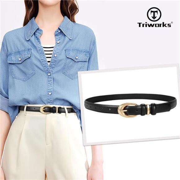Womens Skinny Leather Belt 2Pack Gold Buckle Adjustable Waist Belt for Jeans Pan - Picture 2 of 7